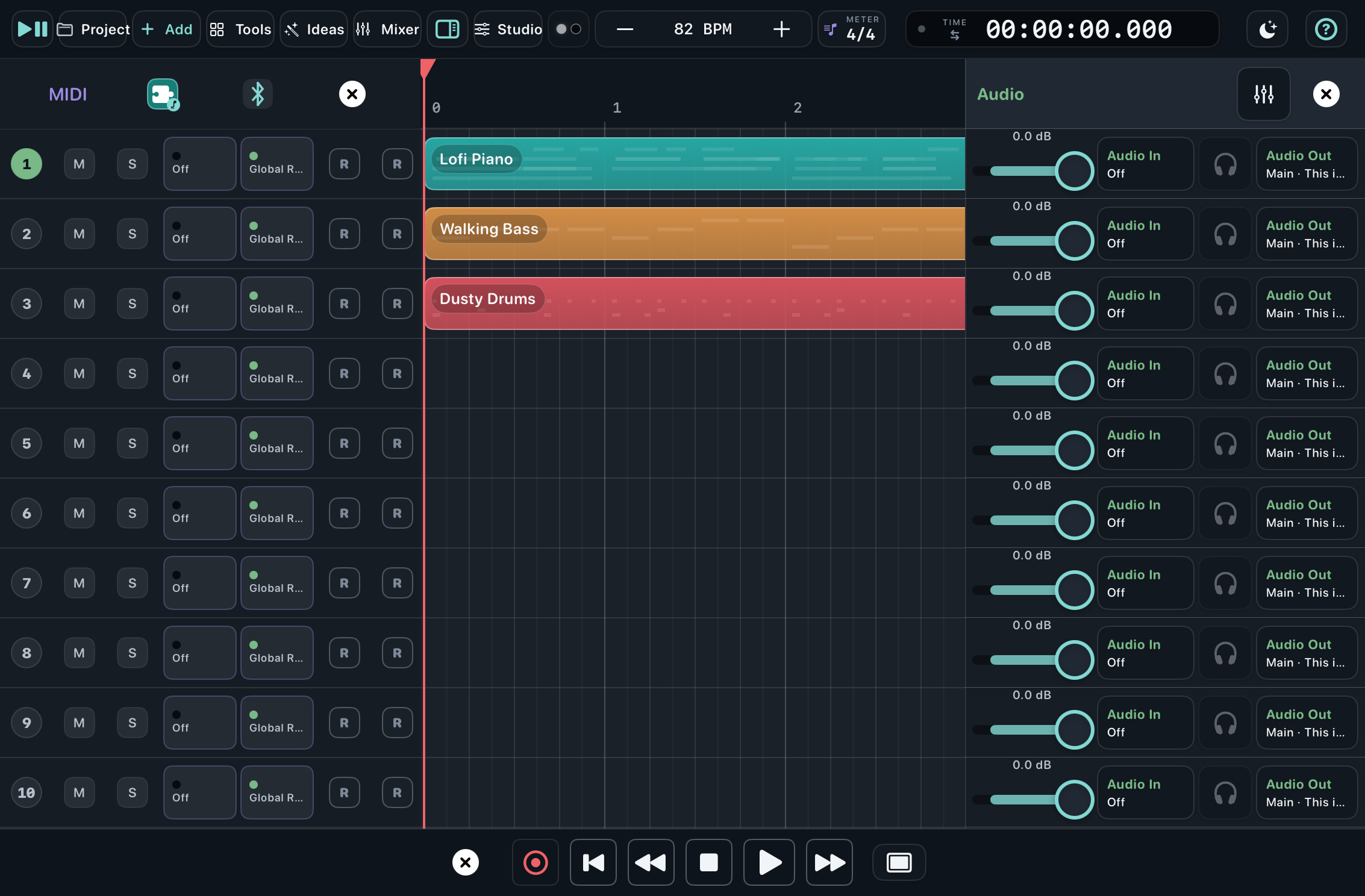 Sorbus arrangement view with musical blocks on a shared timeline