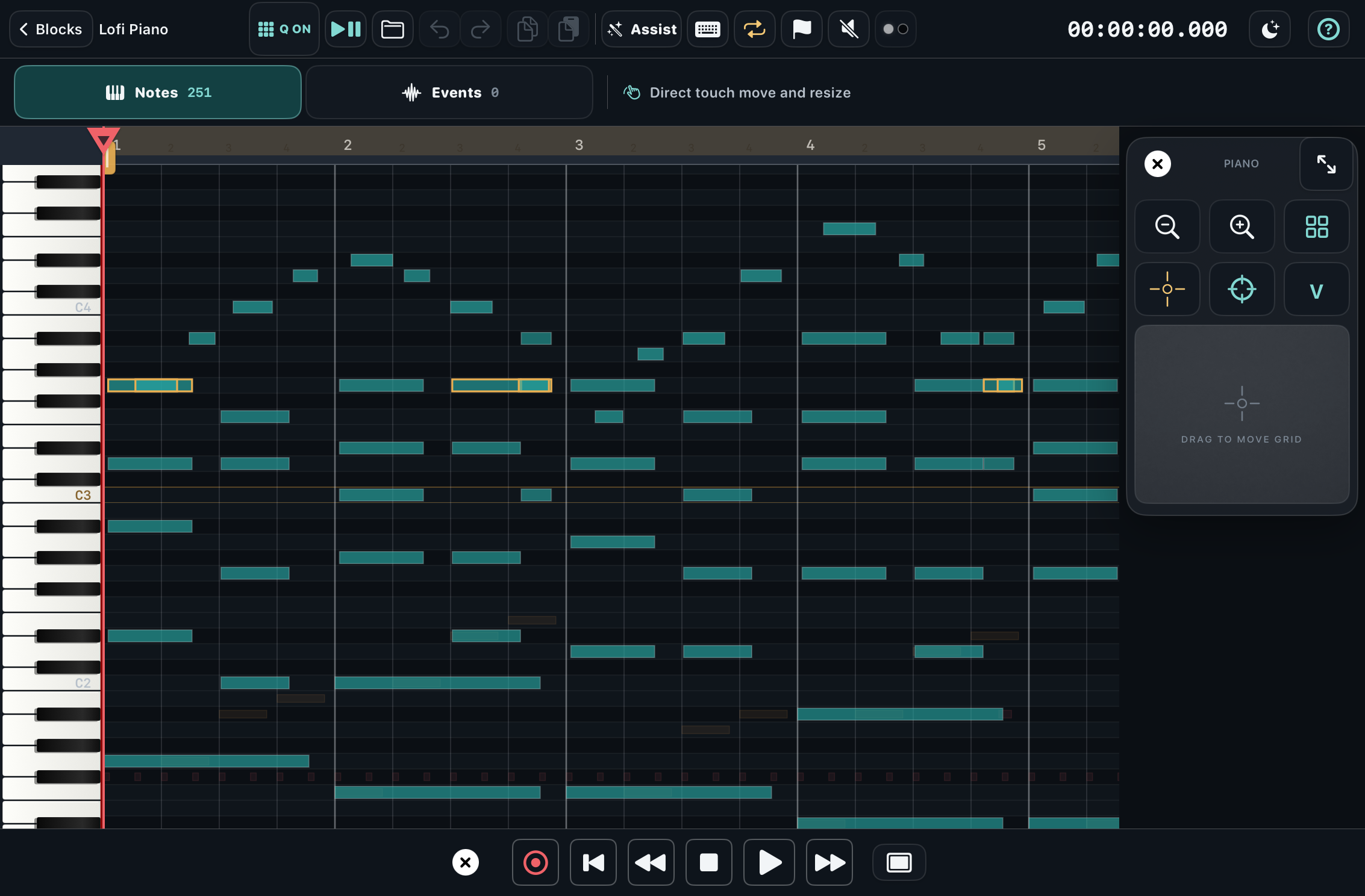Sorbus Piano Grid showing expressive MIDI notes and its touch number pad