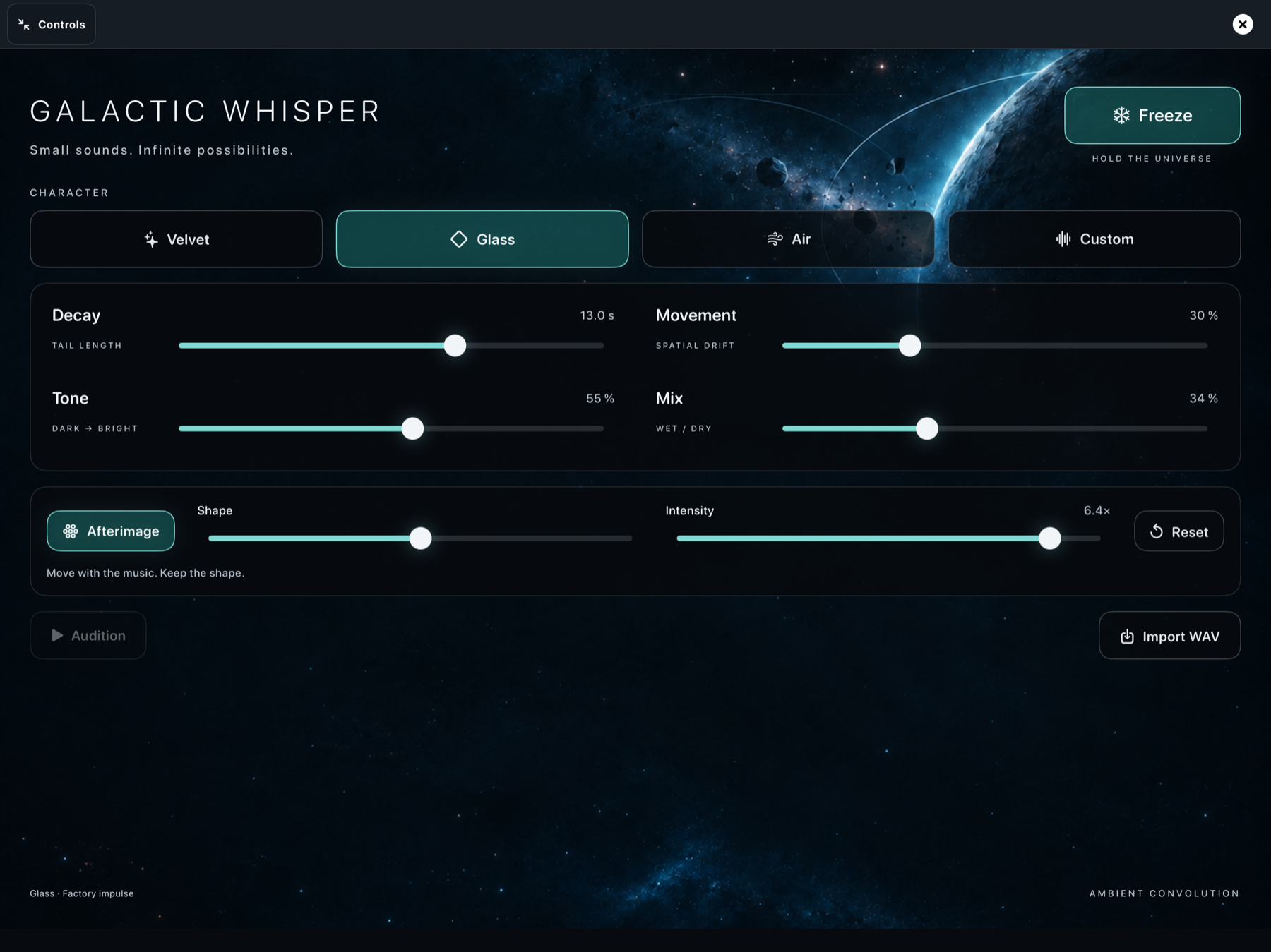 The Galactic Whisper effect in Sorbus, showing Character, Afterimage and ambient reverb controls.
