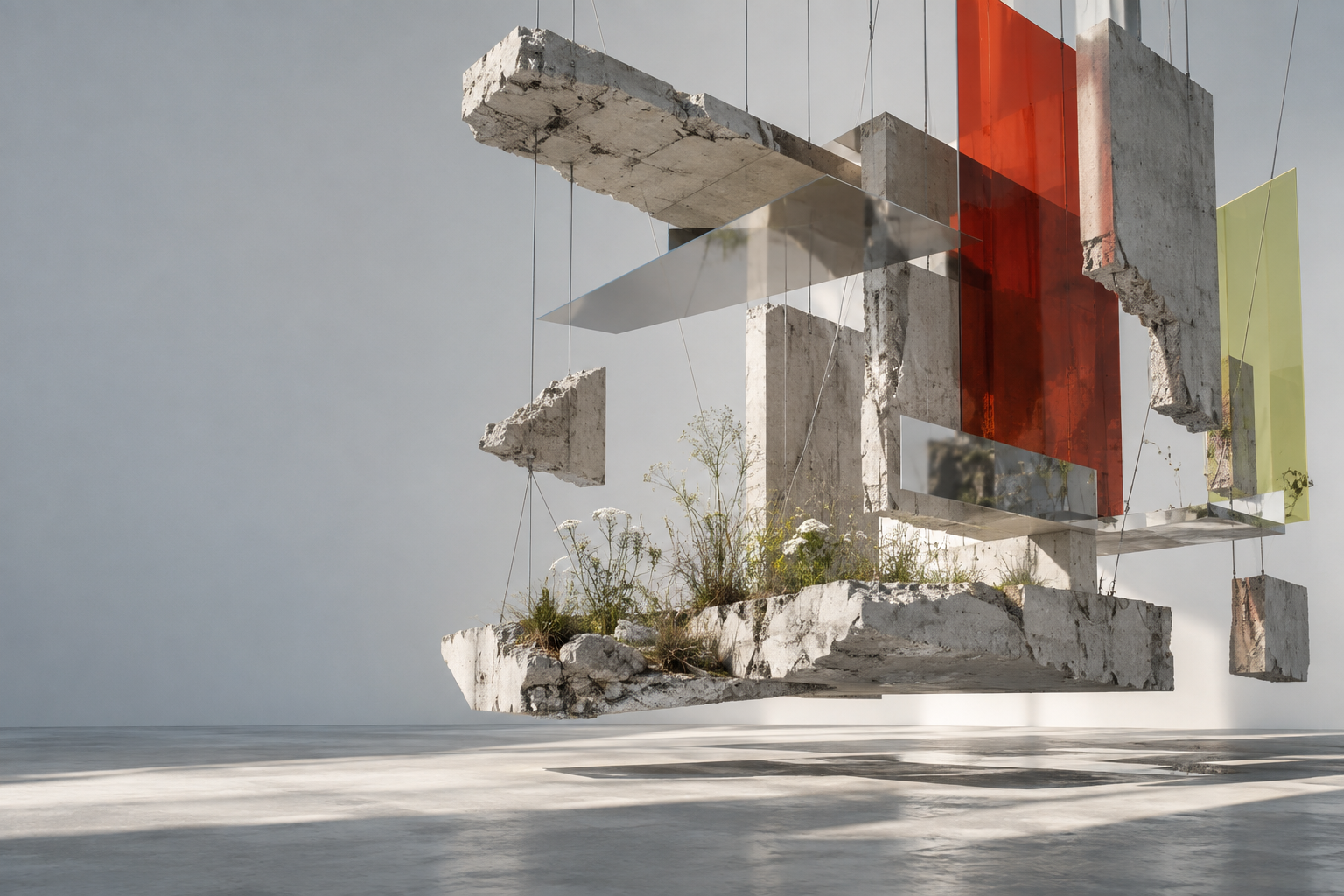 An impossible garden of suspended architectural fragments