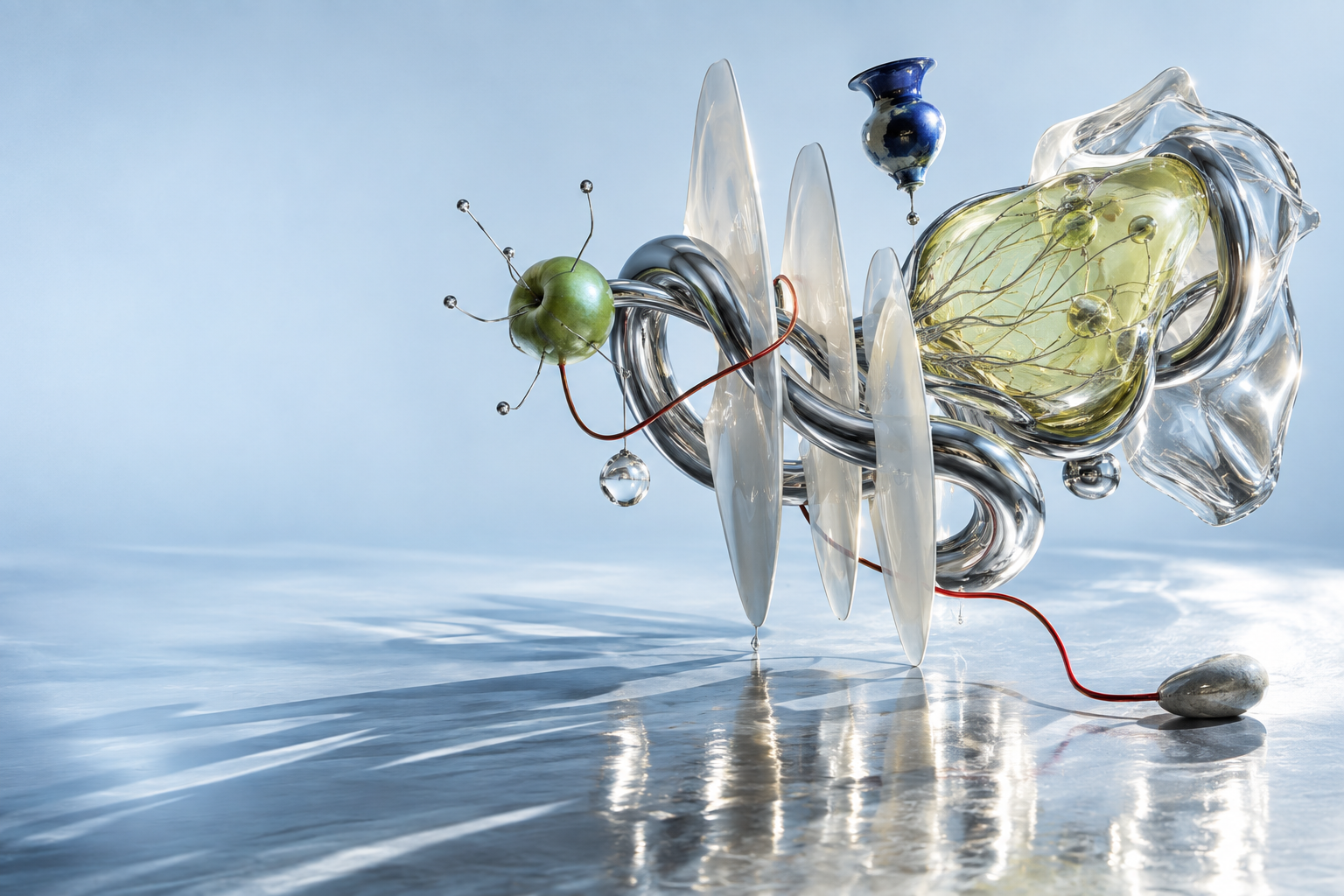 An impossible floating instrument of knotted chrome, translucent fins, a suspended blue vessel and an apple with silver antennae.